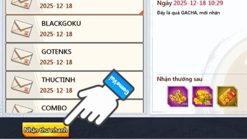 Code Combo Thức Tỉnh Huyền Thoại Mới Nhất – Tìm Hiểu và Nhập Code Vào Game Bước 6: Mở hòm thư và nhận quà từ biểu tượng lá thư ở góc dưới bên trái màn hình.