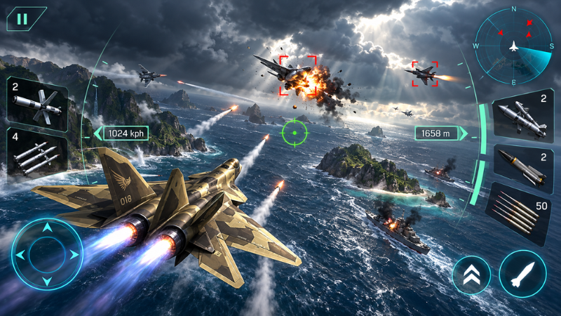 Tải Hack Sky Fighters 3D (Unlimited Money, Full Tiền) v2.8 Gameplay Hack Sky Fighters 3D bám đuôi máy bay đối thủ