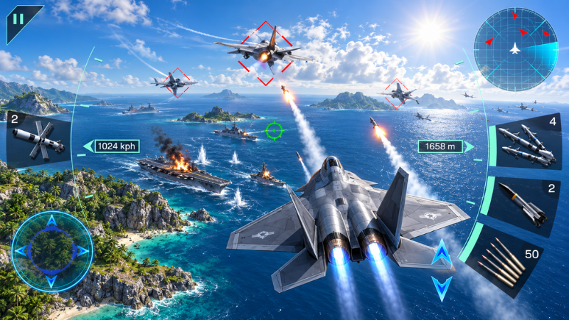 Tải Hack Sky Fighters 3D (Unlimited Money, Full Tiền) v2.8 Gameplay Sky Fighters 3D sử dụng súng máy và tên lửa