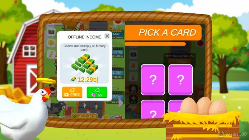 Tải Hack Idle Egg Factory (Vô Hạn Tiền, Kim Cương) v3.6.4 Gameplay Idle Egg Factory với đàn gà tạo trứng trên dây chuyền sản xuất