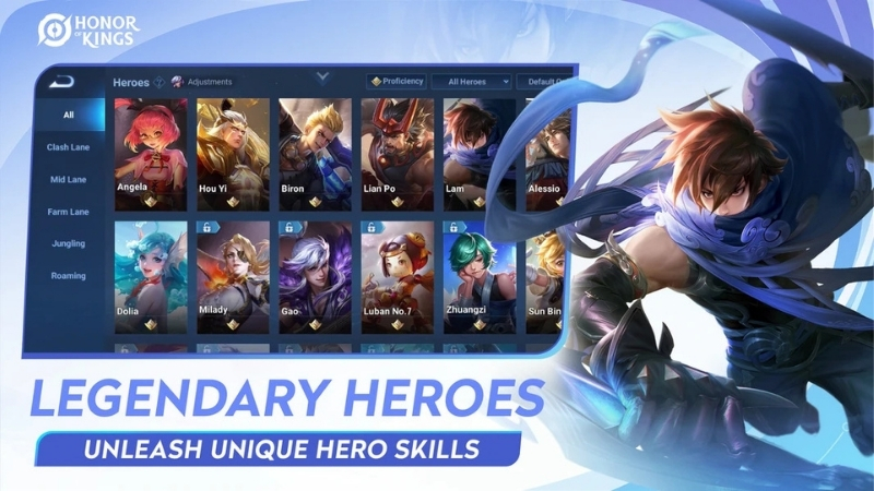 Tải Honor of Kings APK v12.1.1.4 Miễn Phí Cho Android Giao diện lựa chọn các vị tướng trong Honor of Kings